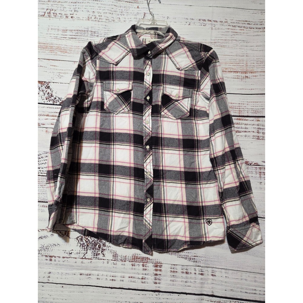 Ariat Womens Western Flannel Shirt Black Pink White Plaid Cotton Size Small